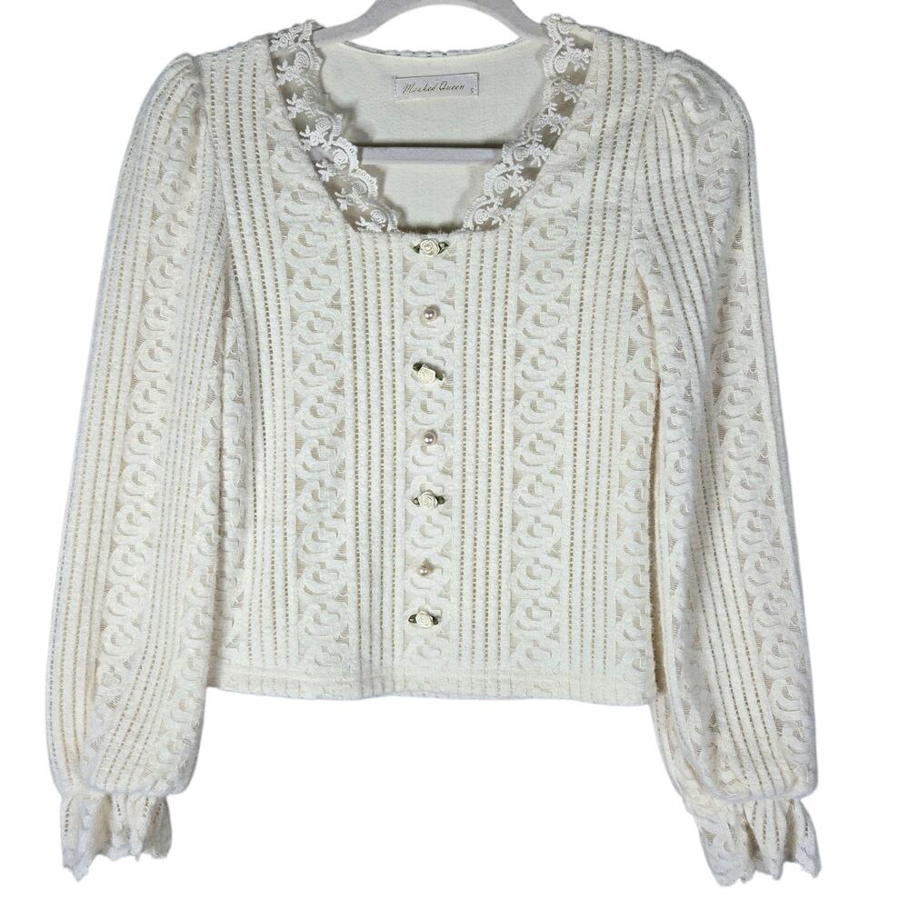 Romantic Cropped Sweater Womens Small Scalloped Lace Flowers Coquette Feminine